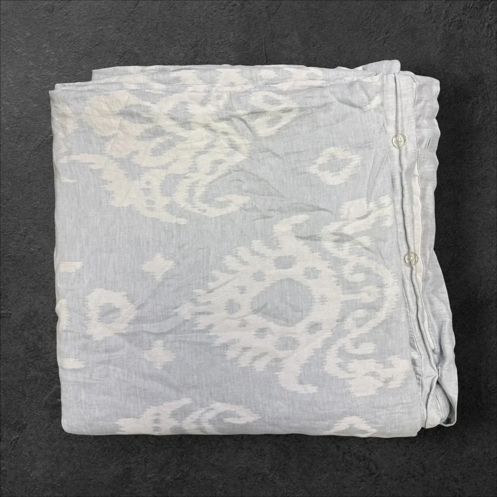 West Elm Light Blue Ikat Cotton Linen Blend Duvet Cover Queen 92x88
